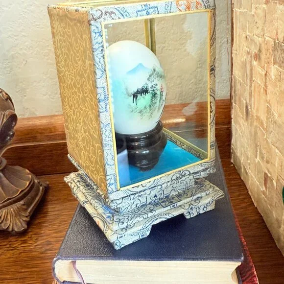 Vintage Oriental Hand Painted Egg in Glass Case - Picture 11 of 16